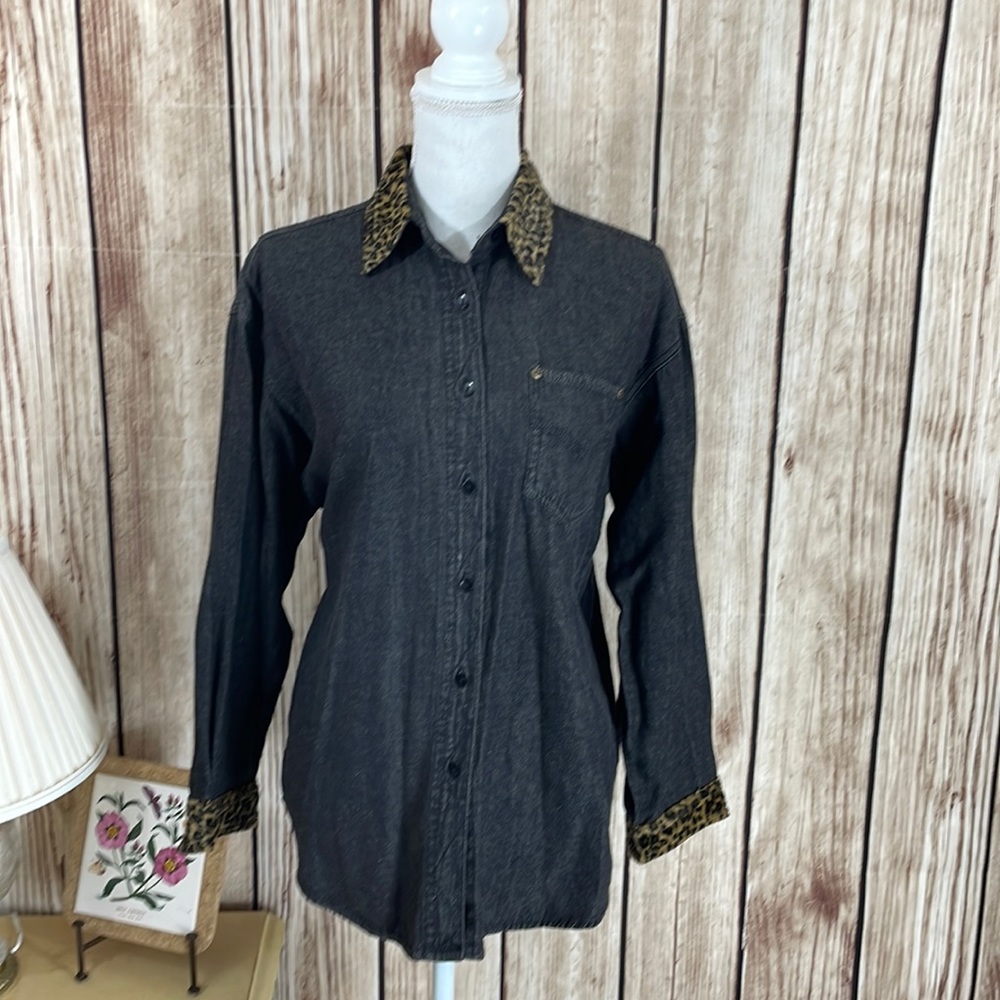 Solutions Dark Lightweight Denim-look Button Down- Velvety Leopard Accents Small